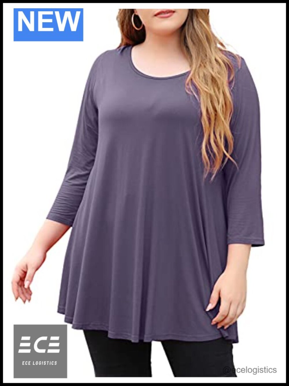 Plus Size Tunic Top 3/4 Sleeve Round Neck Loose Flowy Womens Shirt